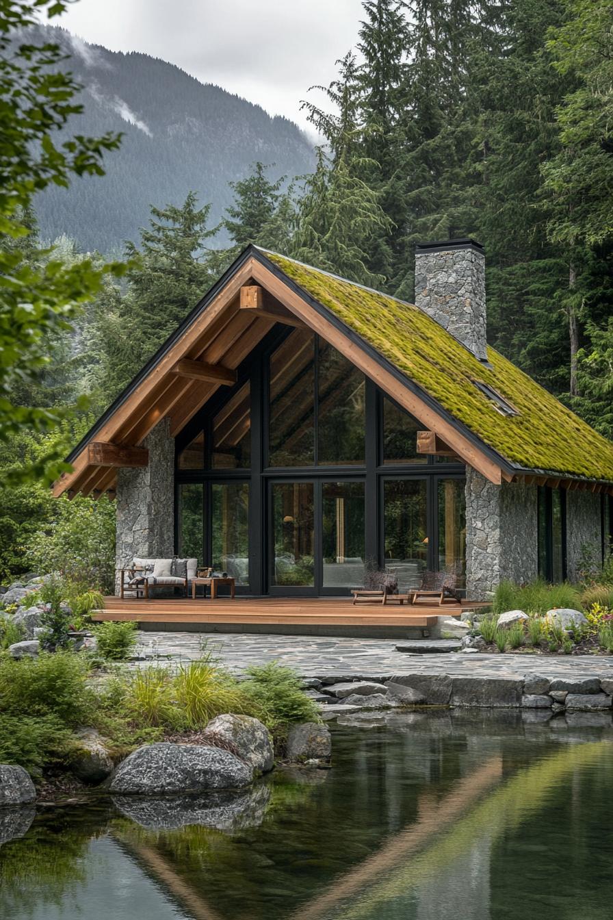 Small modern cabin traditional rustic facade with exposed wooden beams and stone accent asymmetrical pitched roof design natural wood and stone