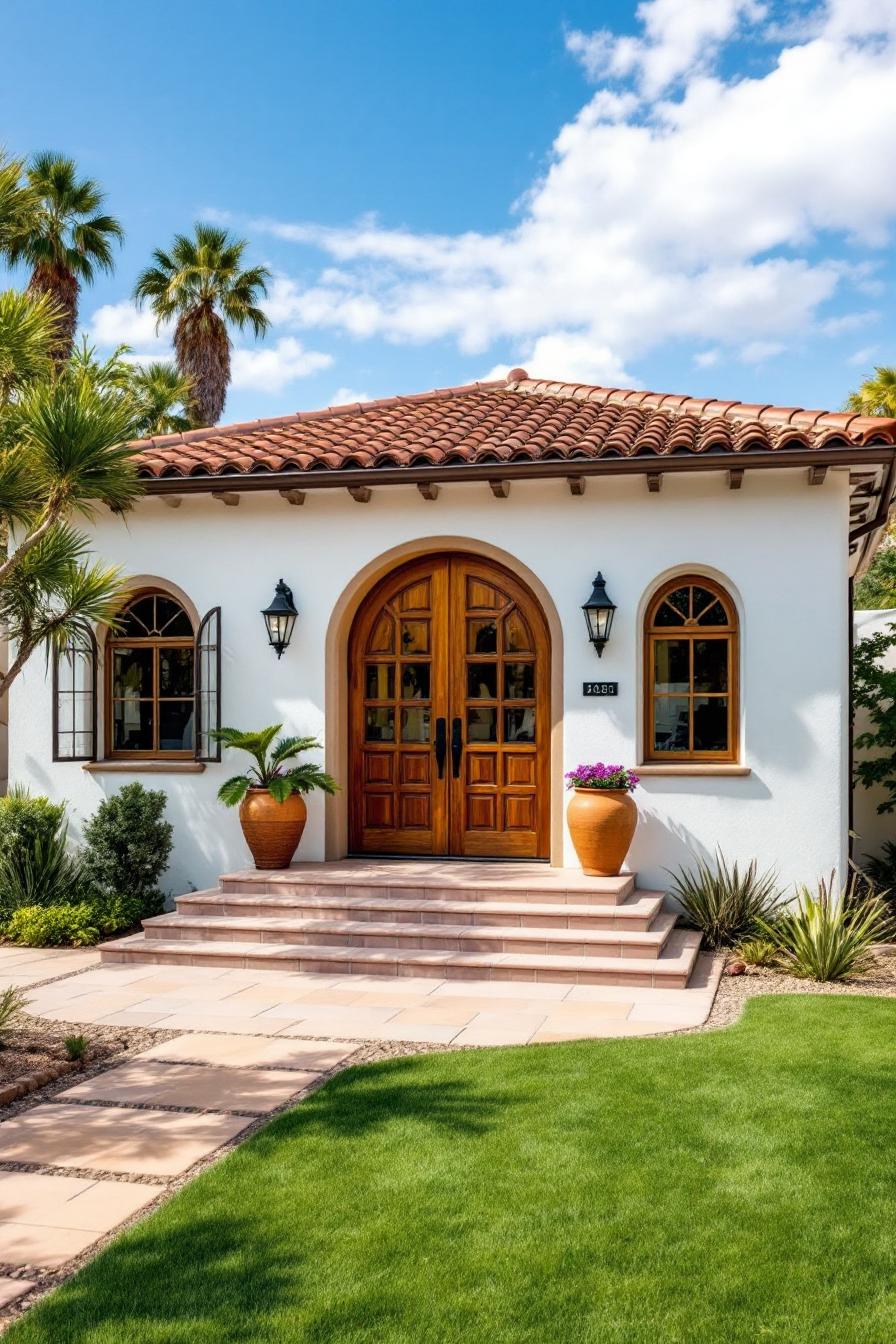 White bungalow with wooden doors and terra-cotta roof surrounded by greenery