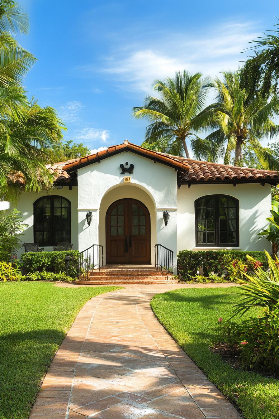 White bungalow with terracotta roof nestled amidst palm trees