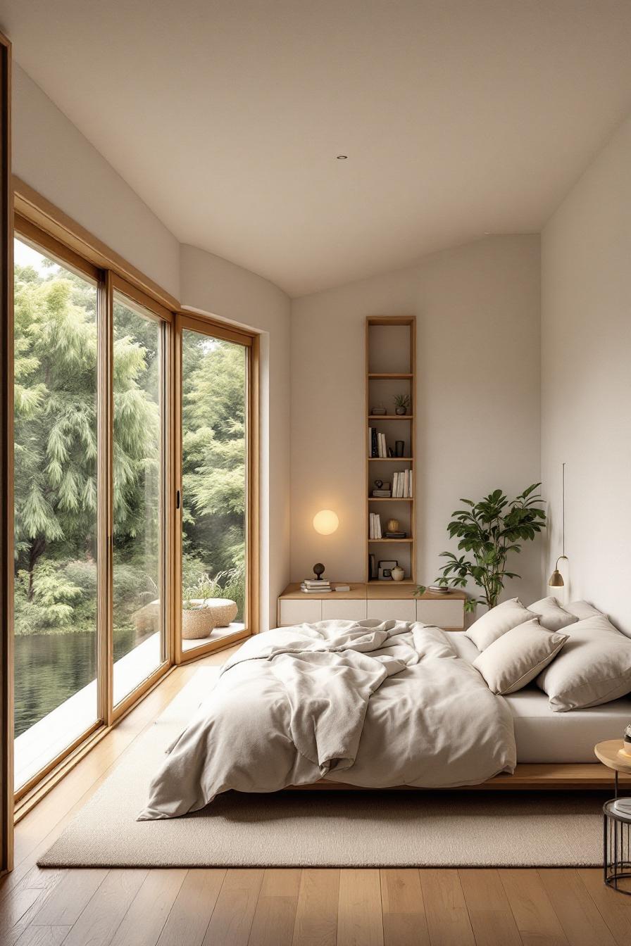 Minimalist bedroom with large windows and greenery outside