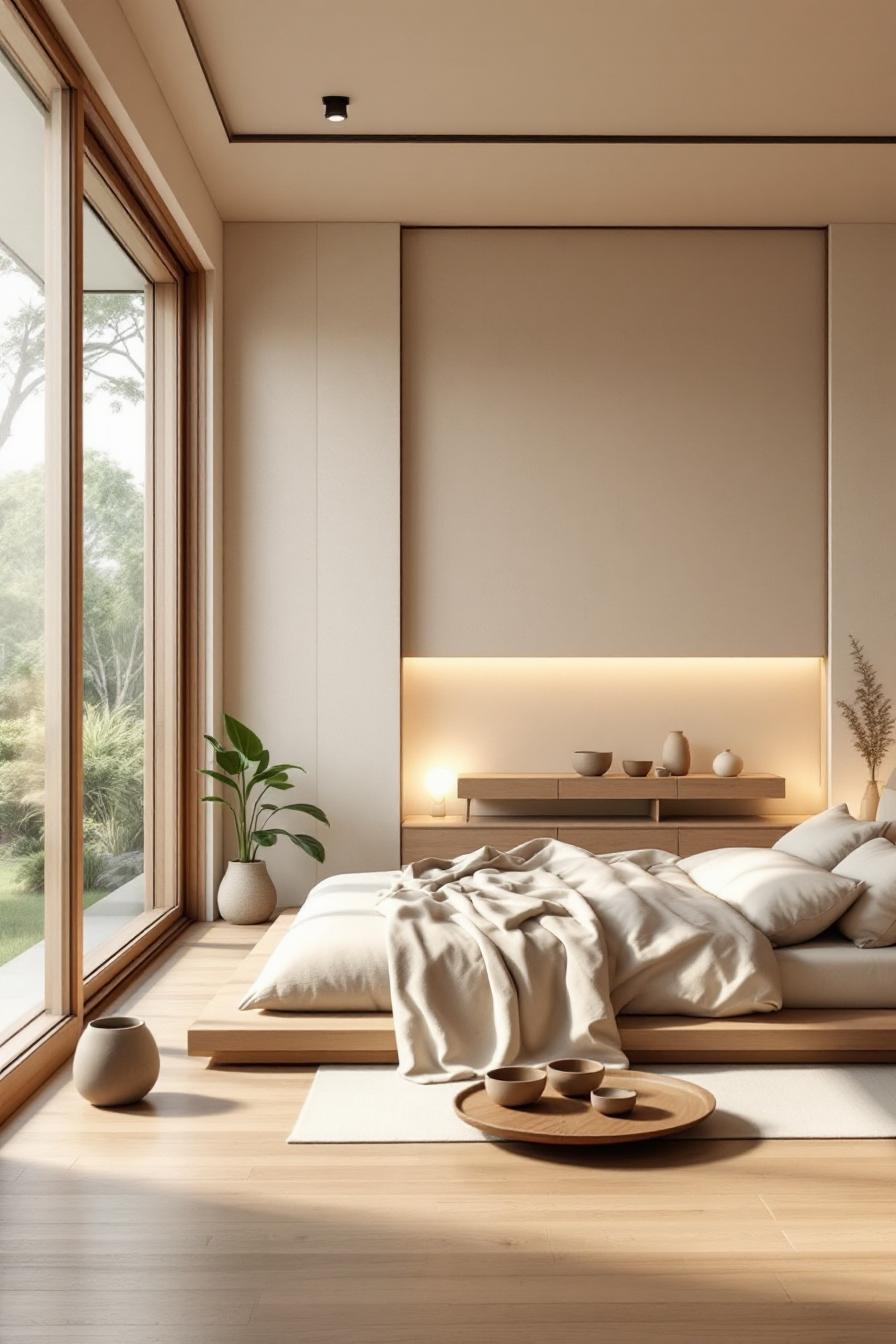 Japandi-style bedroom with a large window and minimal decor