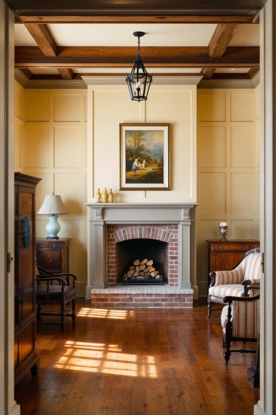 Colonial fireplace with wooden beams and armchairs