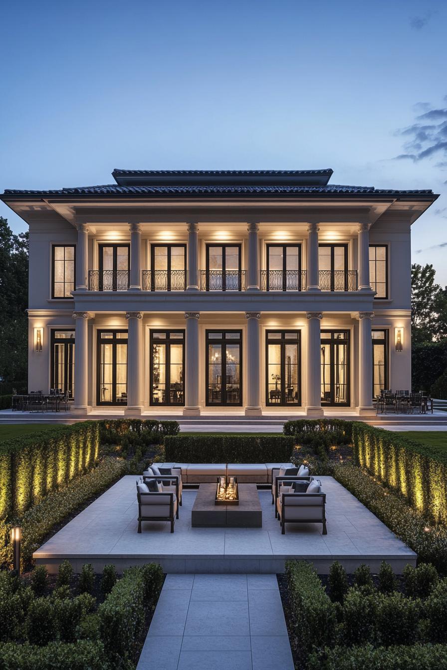 Lit mansion with grand columns and symmetrical allure