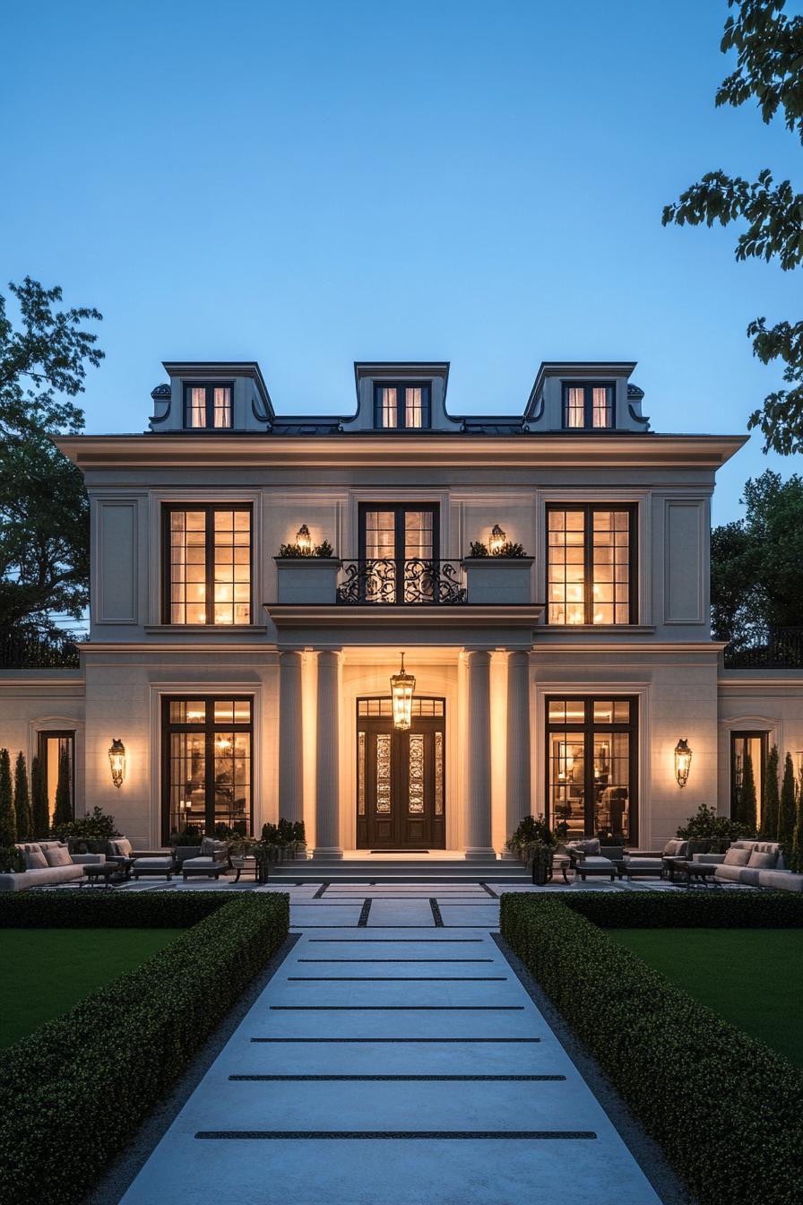 Luxurious mansion with grand entrance and glowing windows