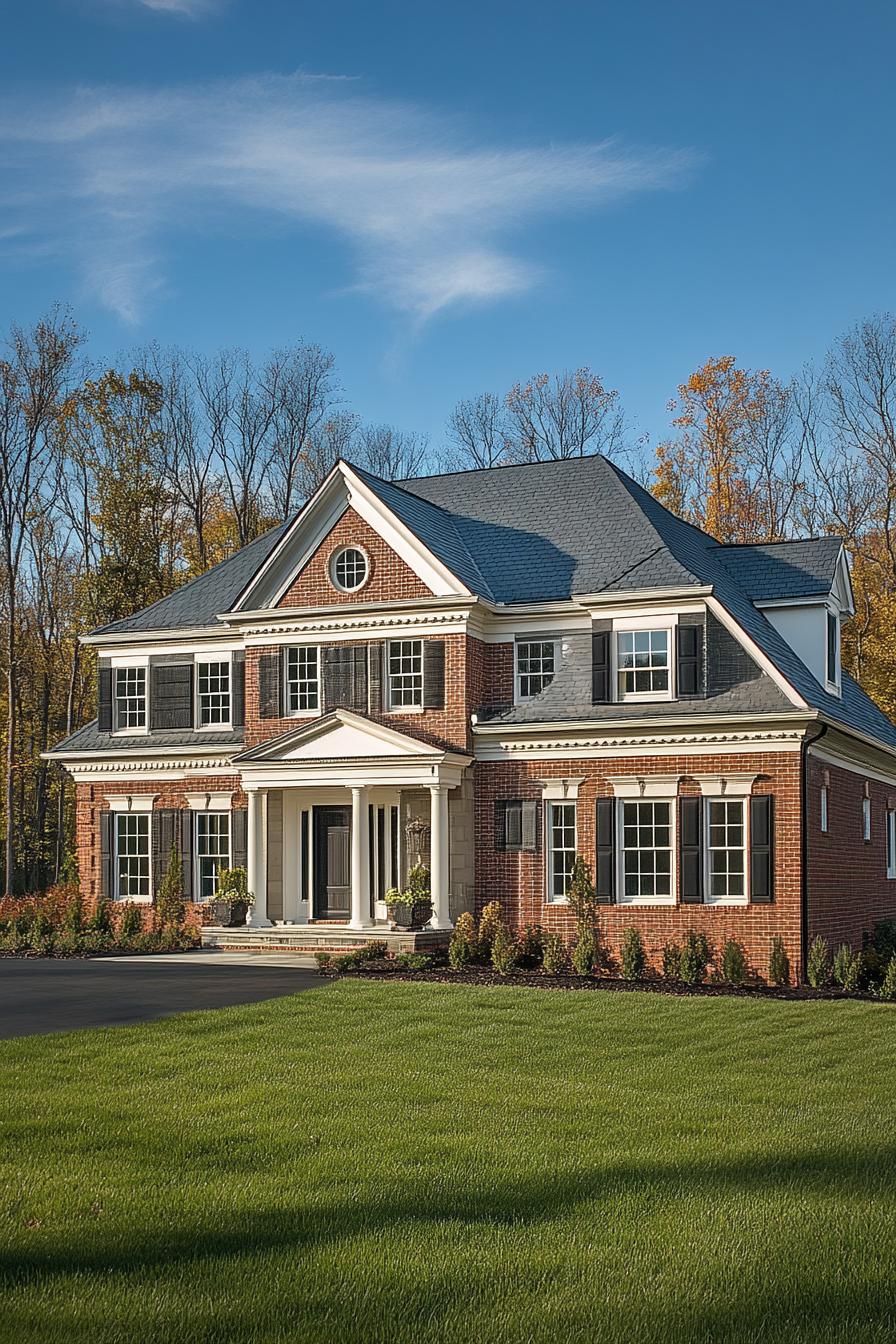 Classic brick Georgian home with symmetrical design and large lawn