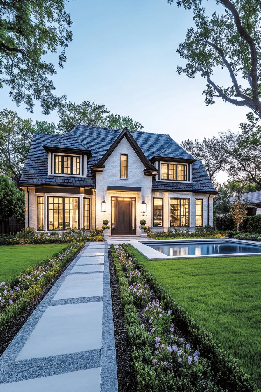 Contemporary Hamptons style house rectangular two story facade wood shingle siding symmetrical gable roof evenly spaced double hung windows