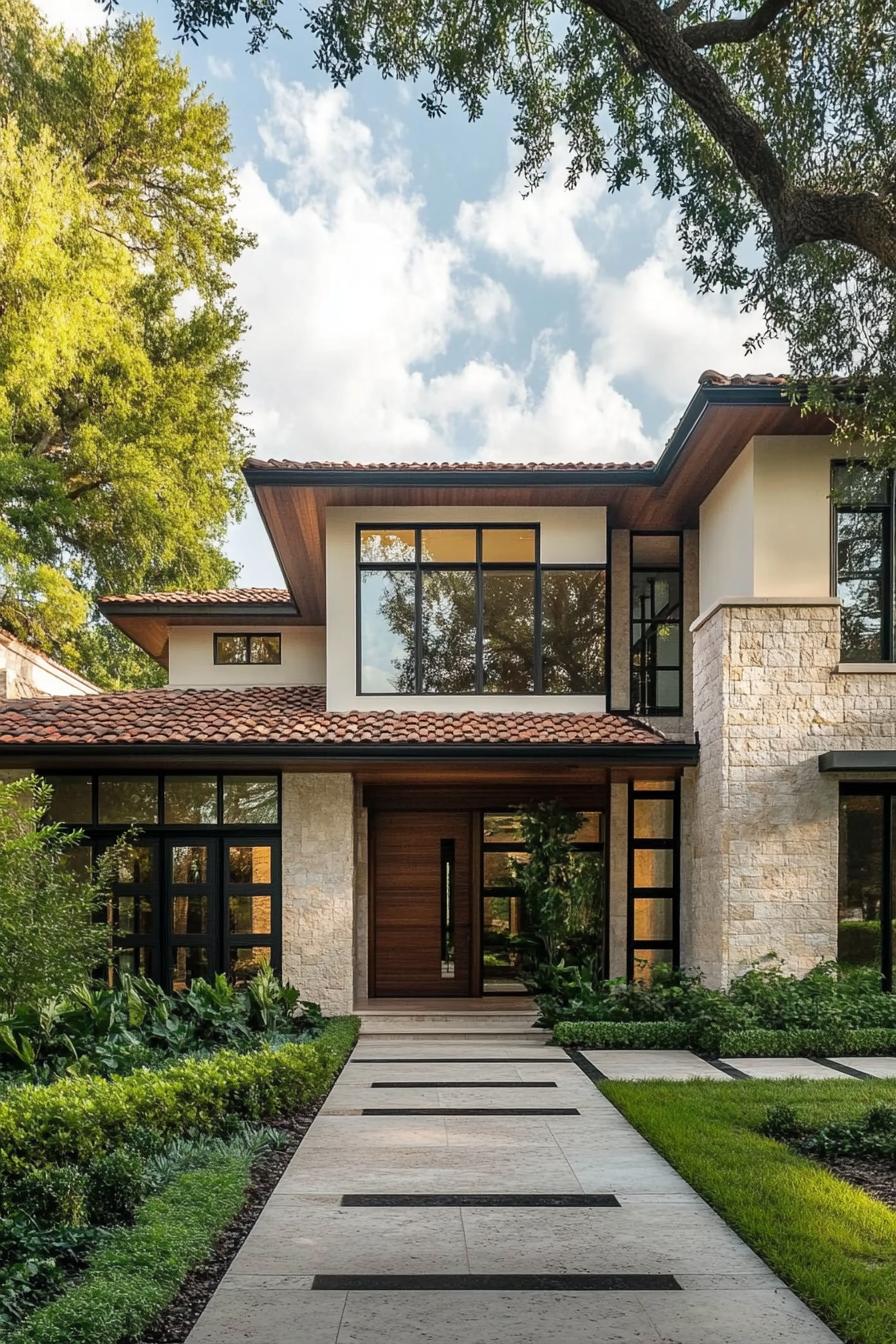 Modern two-story Mediterranean house with a red-tiled roof