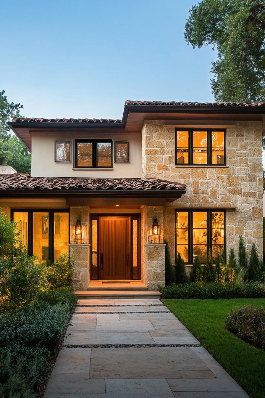 Mediterranean-style house with warm lighting and stone facade