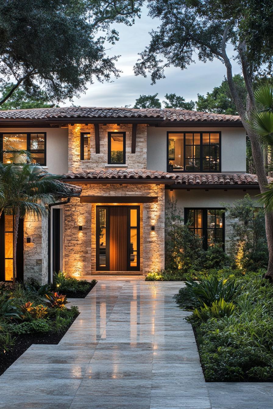 Modern two-story Mediterranean house with lush greenery