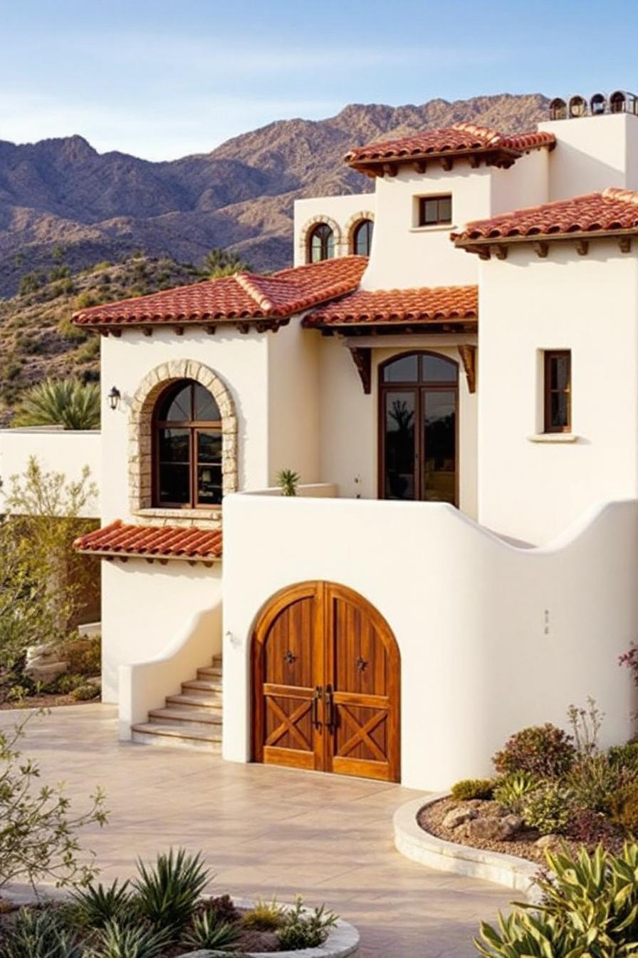 Exterior view of a Mediterranean-style house with arched windows and terracotta roof