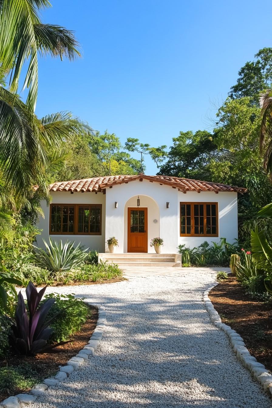 Charming Spanish bungalow with terracotta roof surrounded by lush greenery