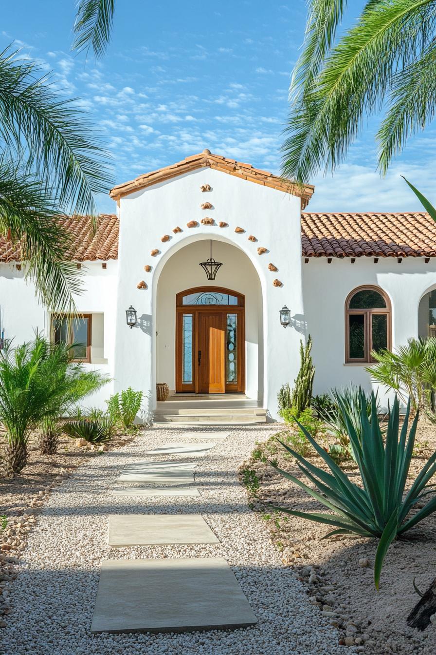 White Spanish bungalow with terracotta roof, palm trees, and a stone pathway