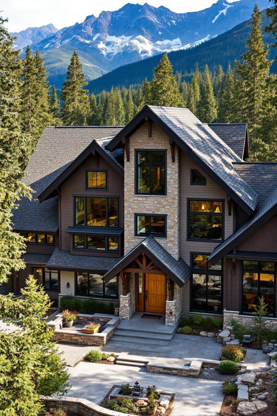 Large mountain craftsman house with lush forest and mountain backdrop