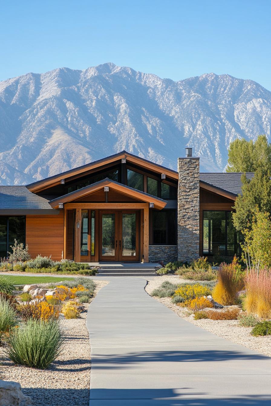 Wooden house with stone accents against a mountain backdrop