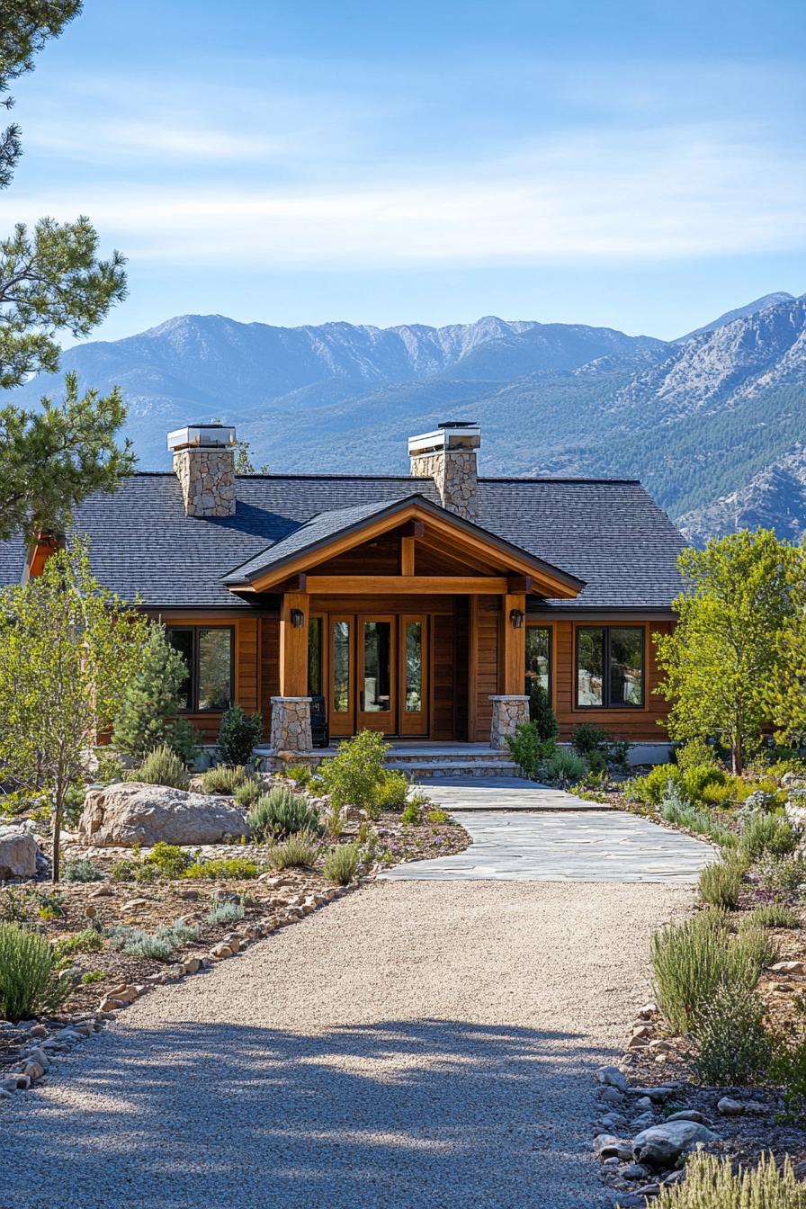 Mountain craftsman house surrounded by nature with mountains in the background