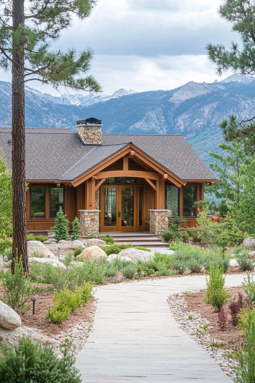 Charming wooden house with mountain backdrop