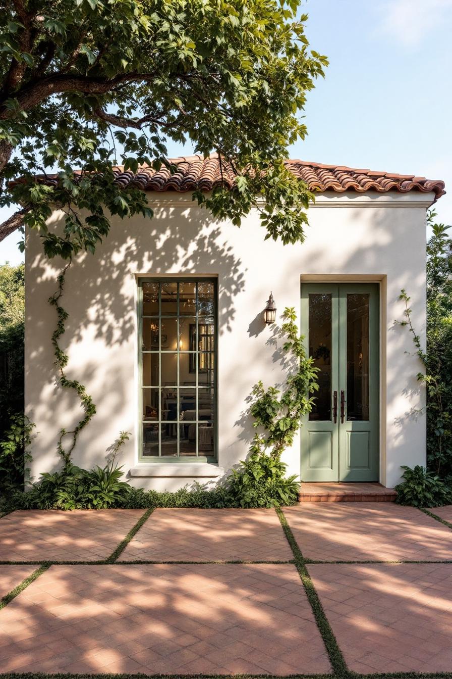 Spanish-style bungalow with green doors