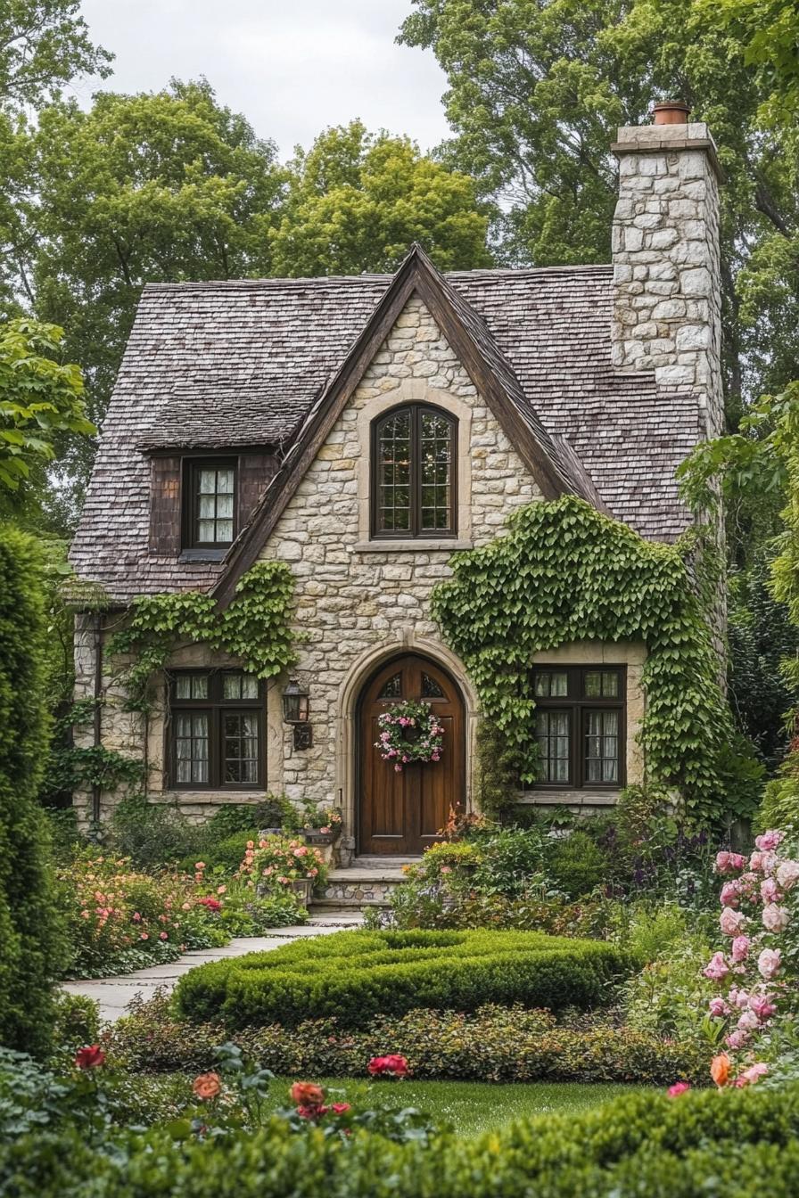 Charming stone cottage with ivy and lush garden