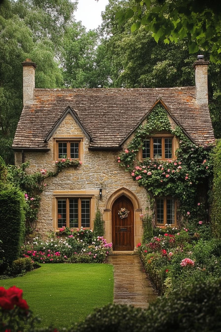 Old stone cottage with ivy and roses