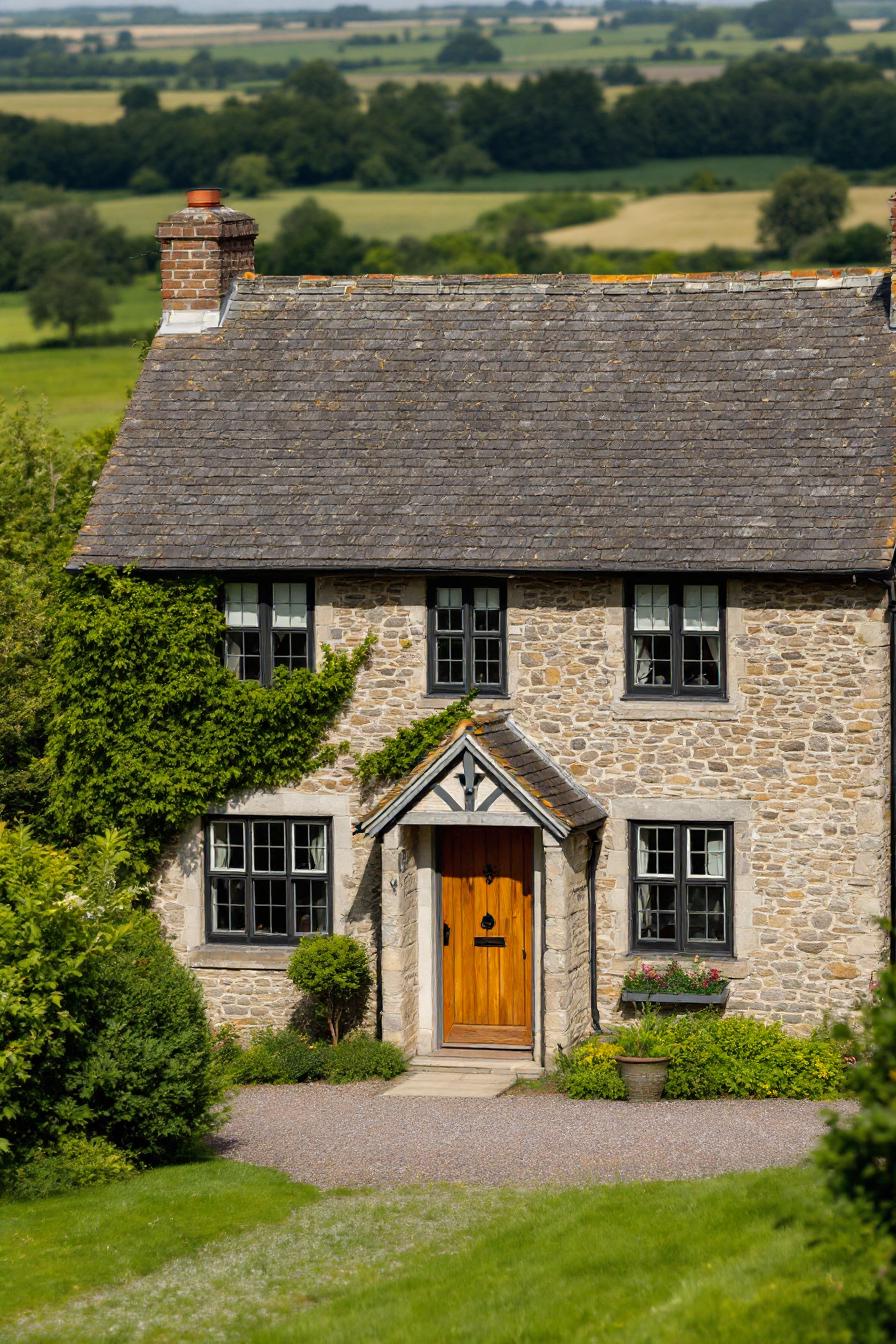 Delightful stone cottage with wooden door and ivy