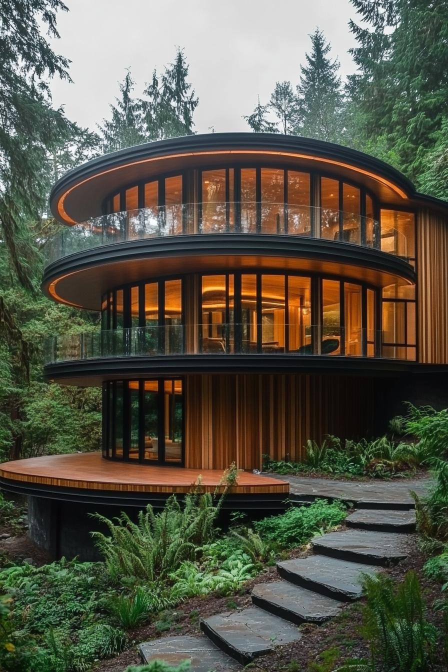 Round house surrounded by lush forest