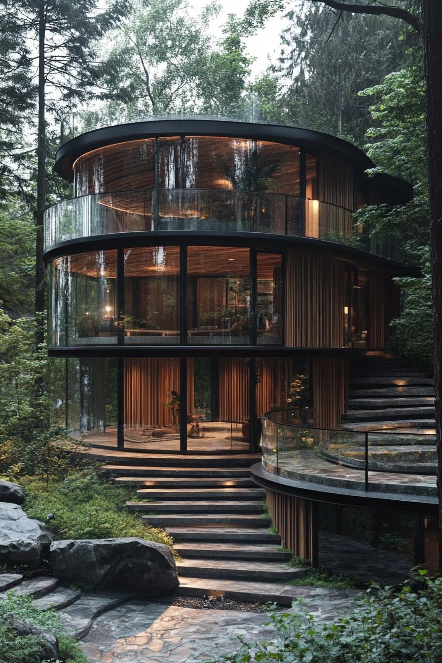 Round futuristic home surrounded by a lush forest