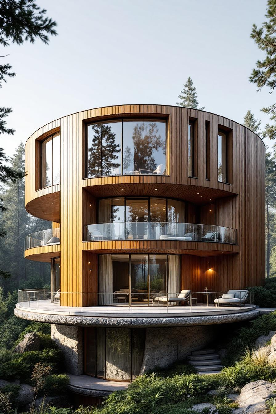 Modern circular house with glass balconies in a forest setting