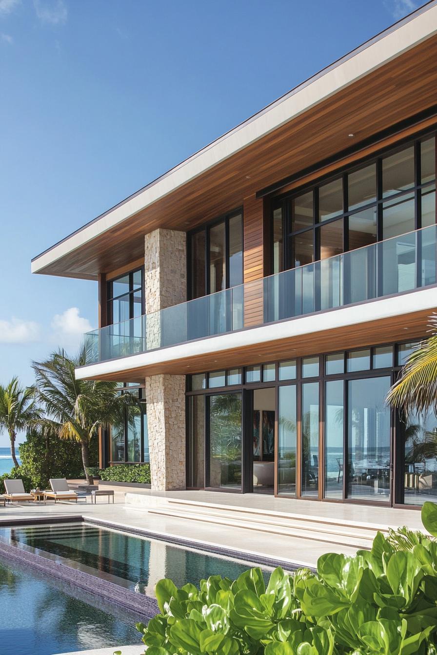 Modern beachfront house with pool and lush greenery