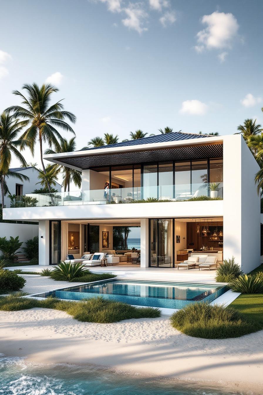 Luxurious beach house with modern design and palm trees