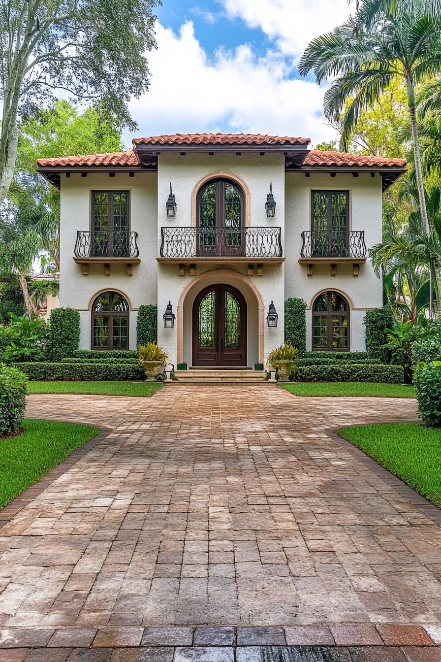 Mediterranean villa with arched doorway and balconies