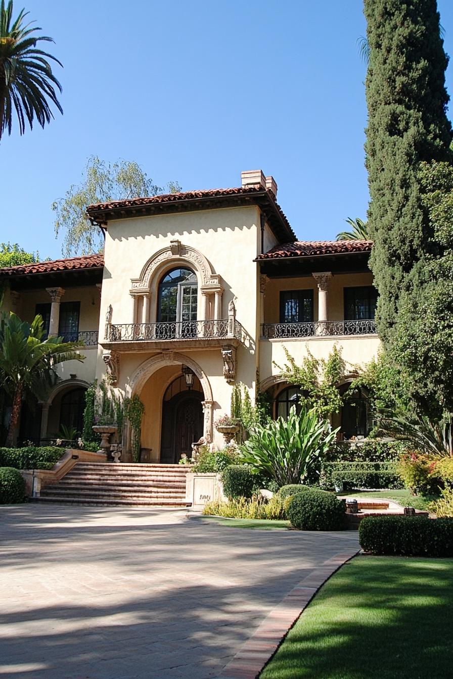 Mediterranean villa with an arched entrance and lush greenery