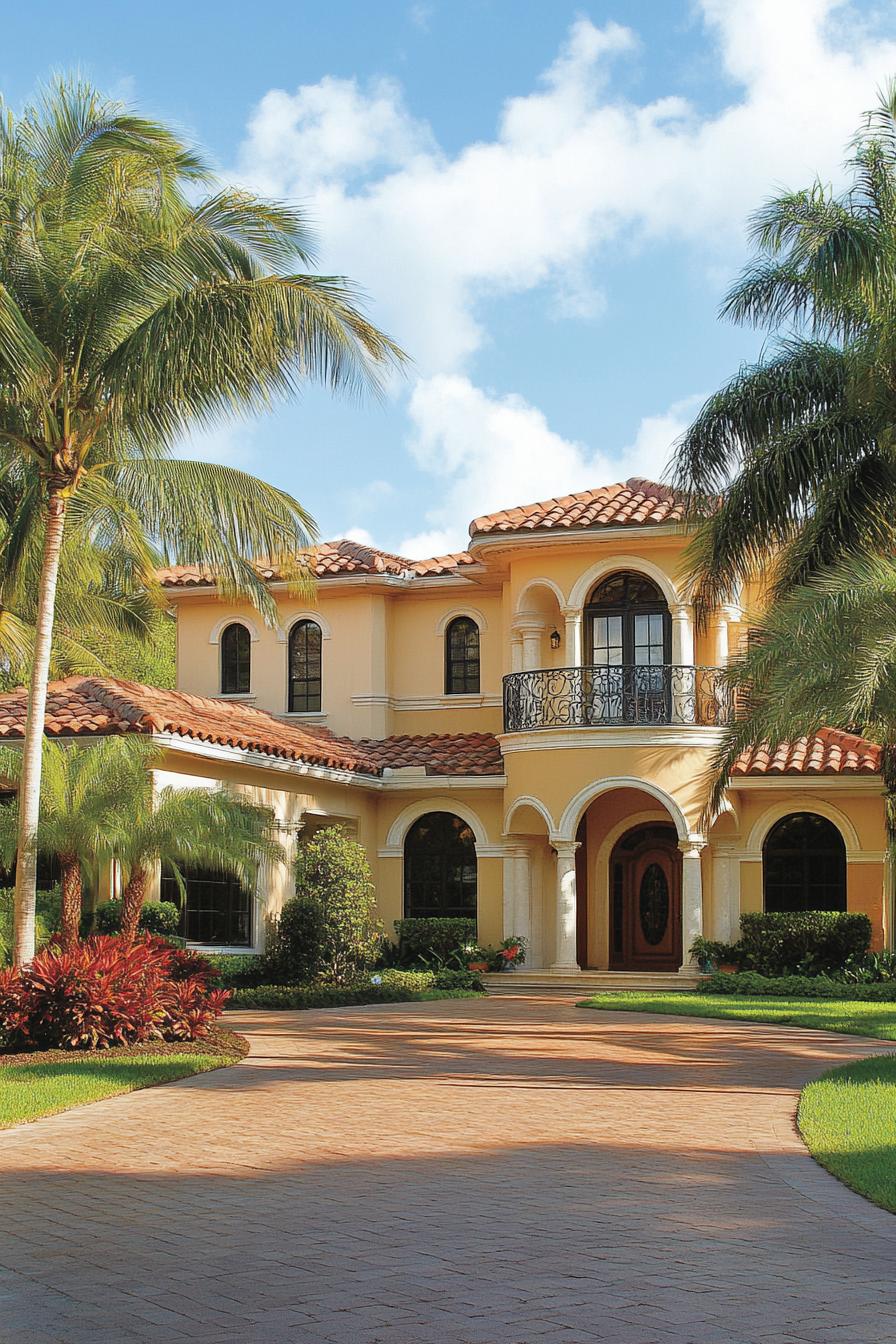 Mediterranean-style villa with terracotta roof and lush palms