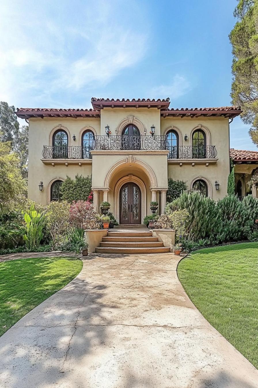 Stately villa with arched doorways and lush gardens