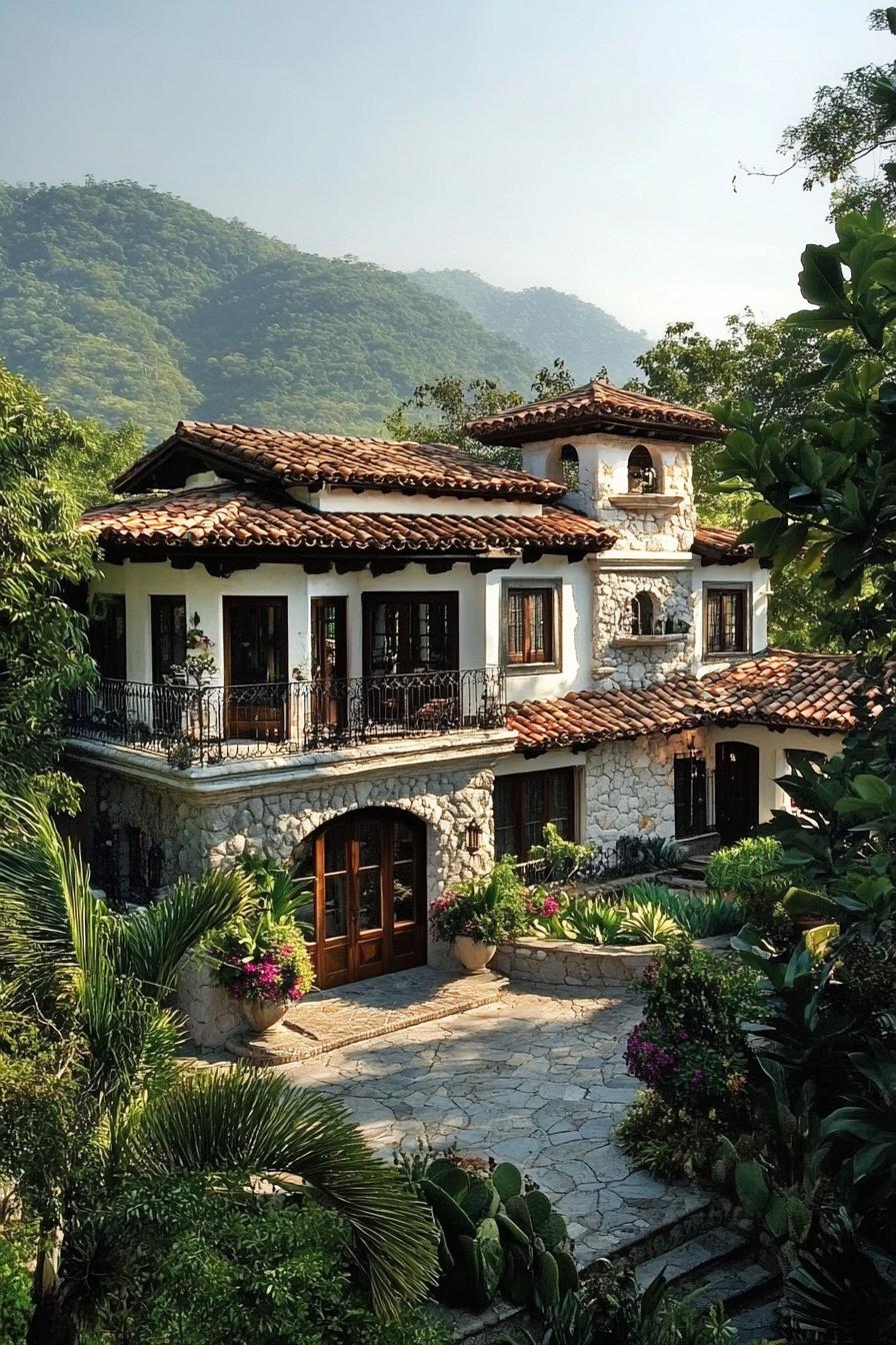 Two-story villa with stone exterior and red-tiled roof surrounded by greenery