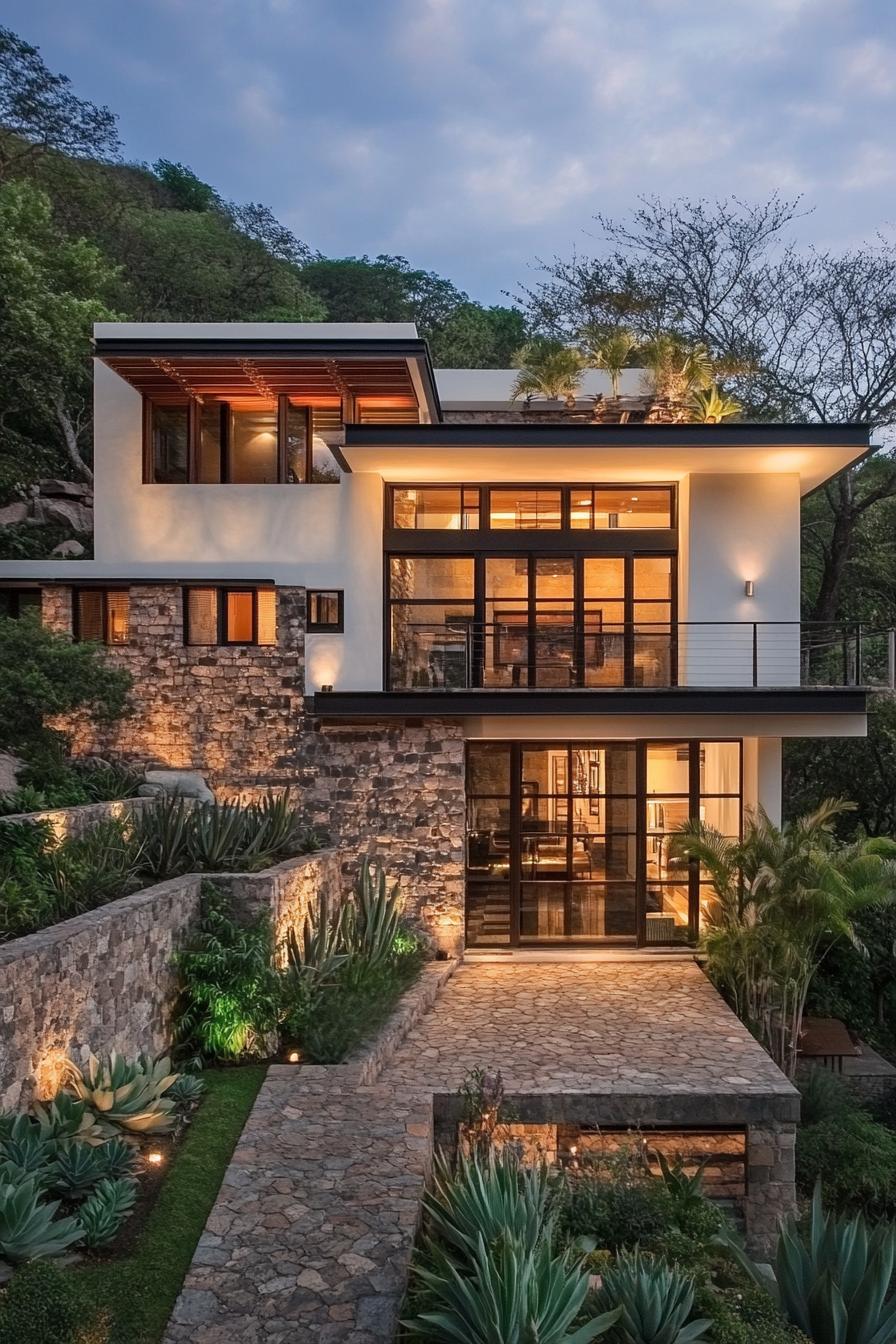 Modern house with large windows and stone facade