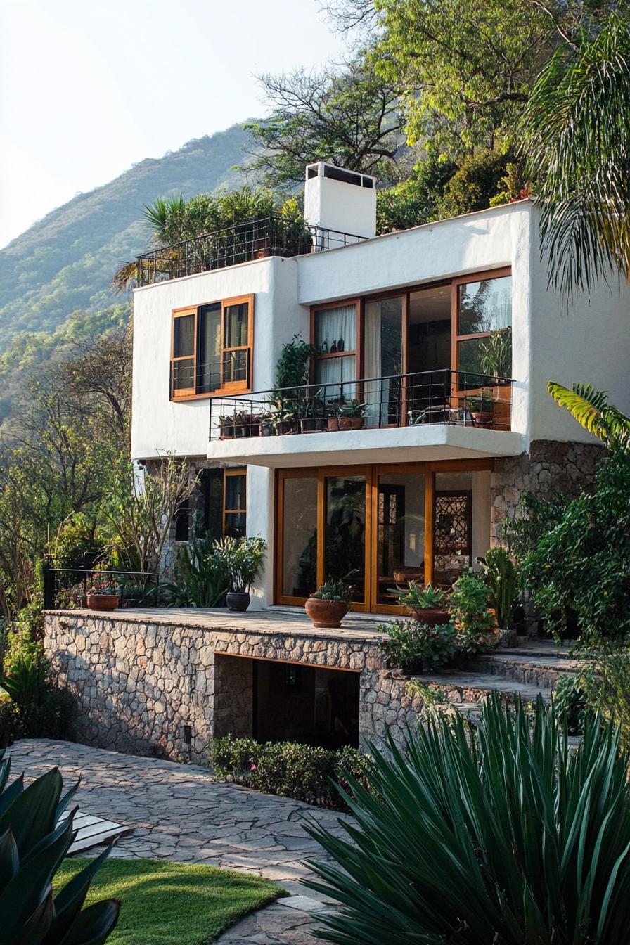 White modern house with large windows surrounded by greenery and mountains