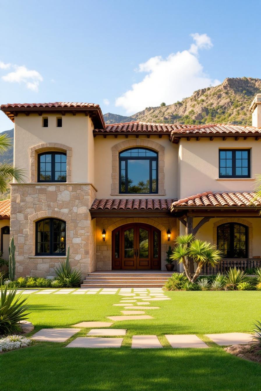 Mexican house design two story facade with large stone sections stucco walls rectangular structure with a prominent tower natural stone materials