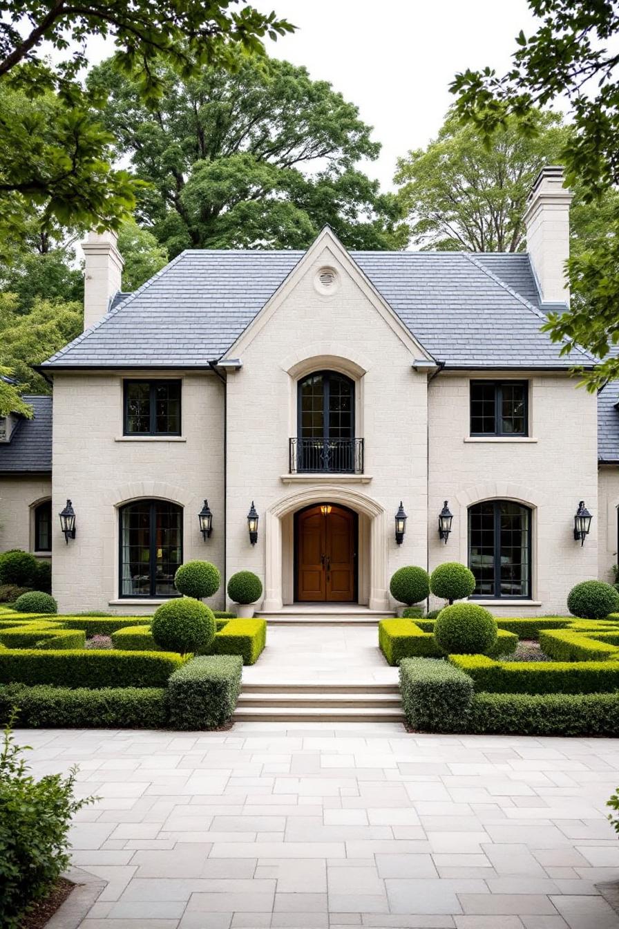 Elegant stone house with manicured garden