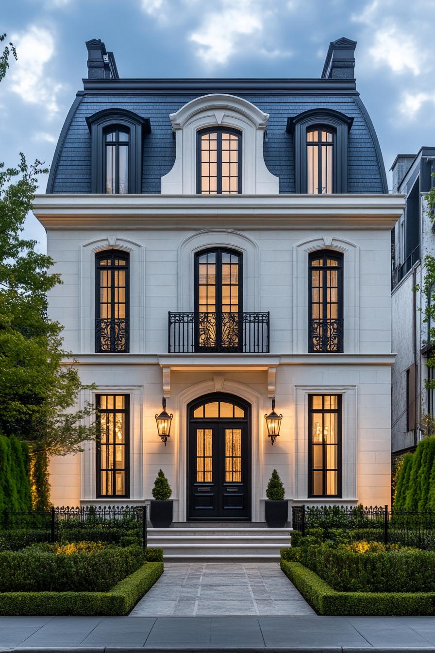 Sophisticated French home exterior with gentle lighting