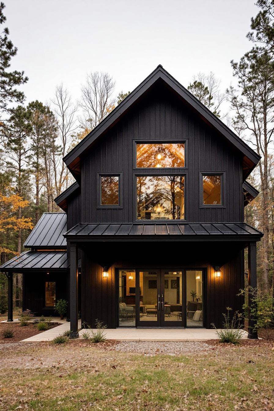 Modern black barn house nestled in a forest