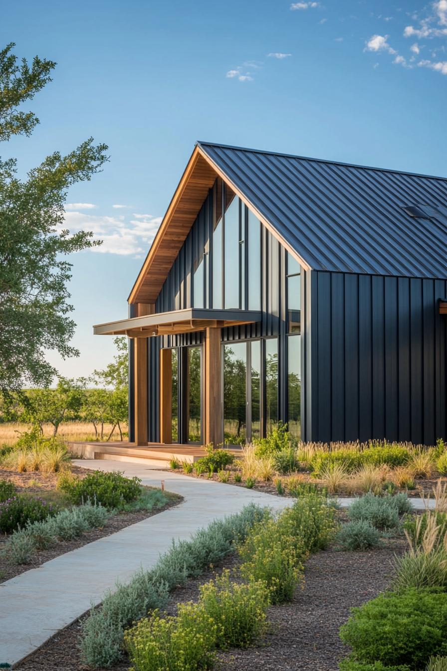 Modern barndominium with glass and metal features