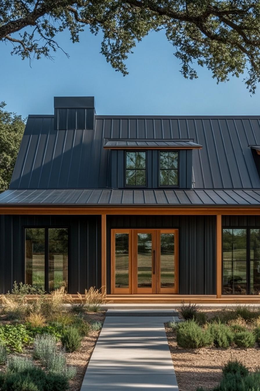 Dark metal barndominium with a wooden door