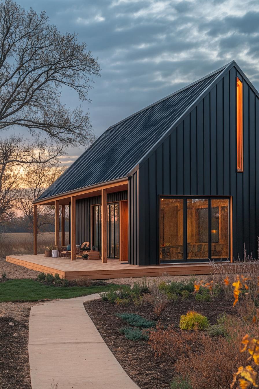 Modern barndominium with wooden accents at dawn