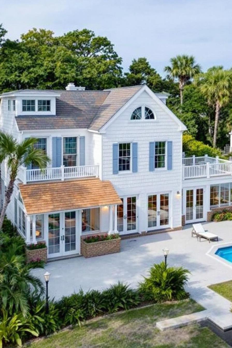 Charming coastal house with large windows and a pool