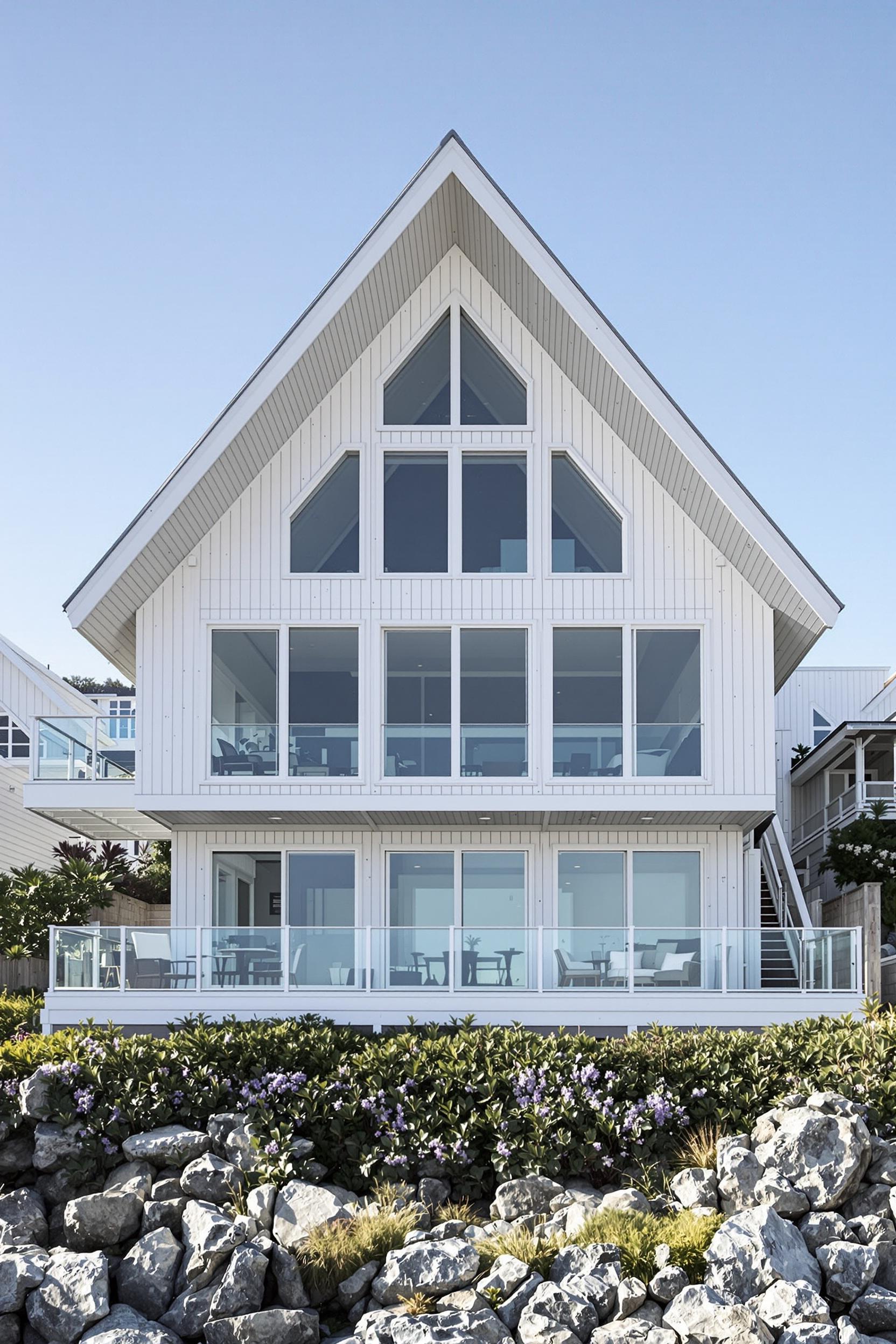 Modern beach house with large windows and steep roof