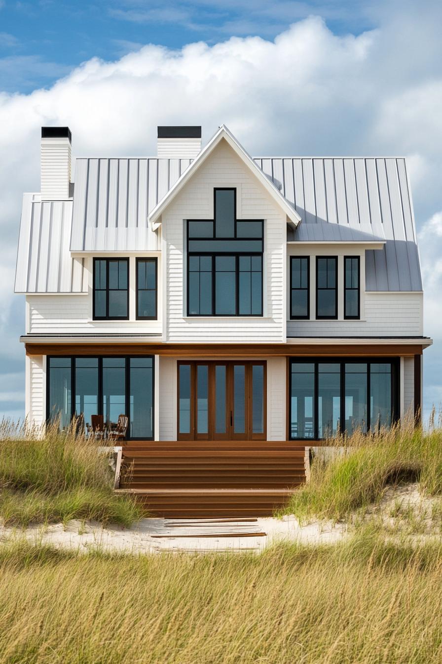 Modern beach house with large windows and a metal roof