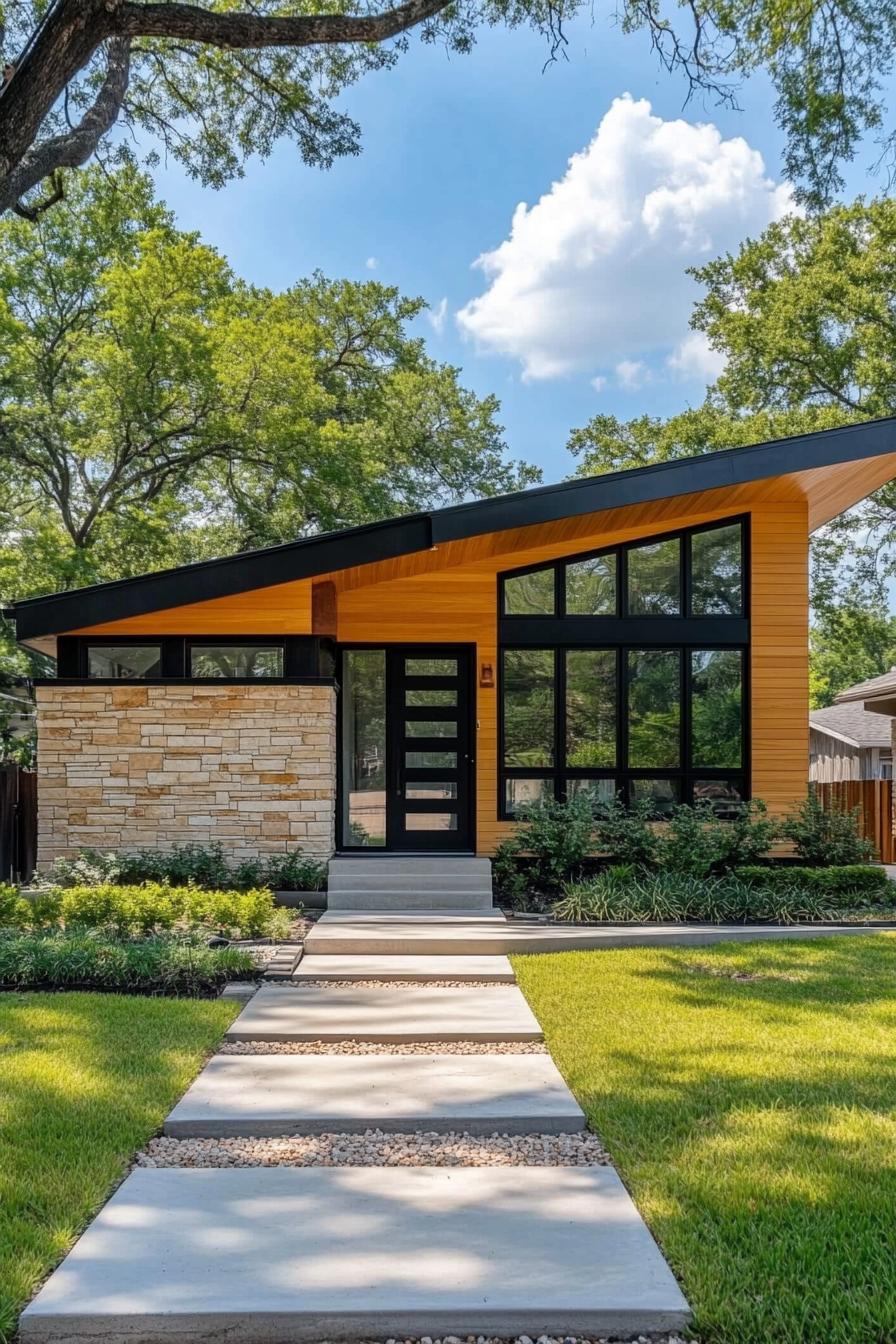 Modern bungalow with stone and wood elements, surrounded by trees