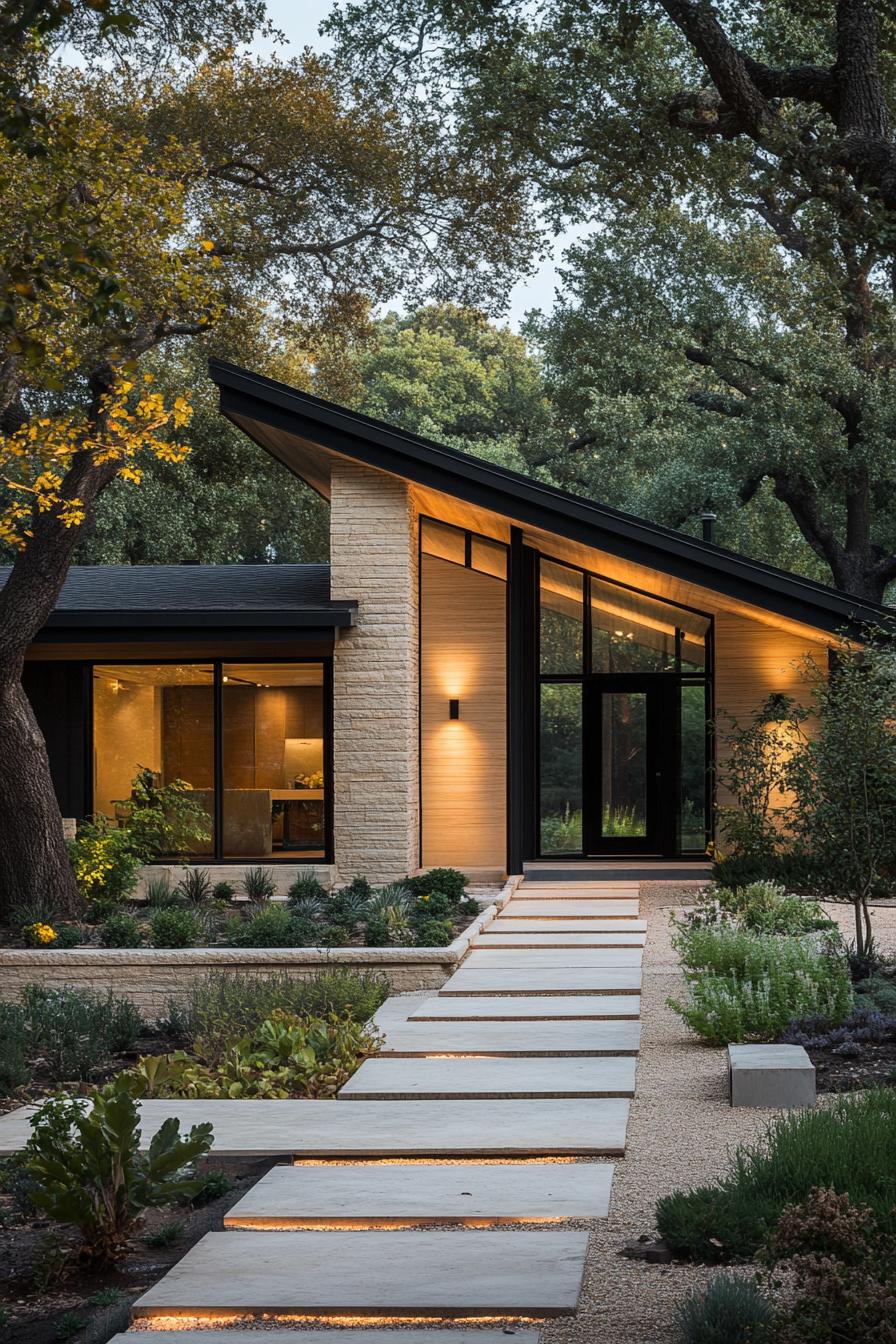 Modern bungalow with slanted roof surrounded by greenery