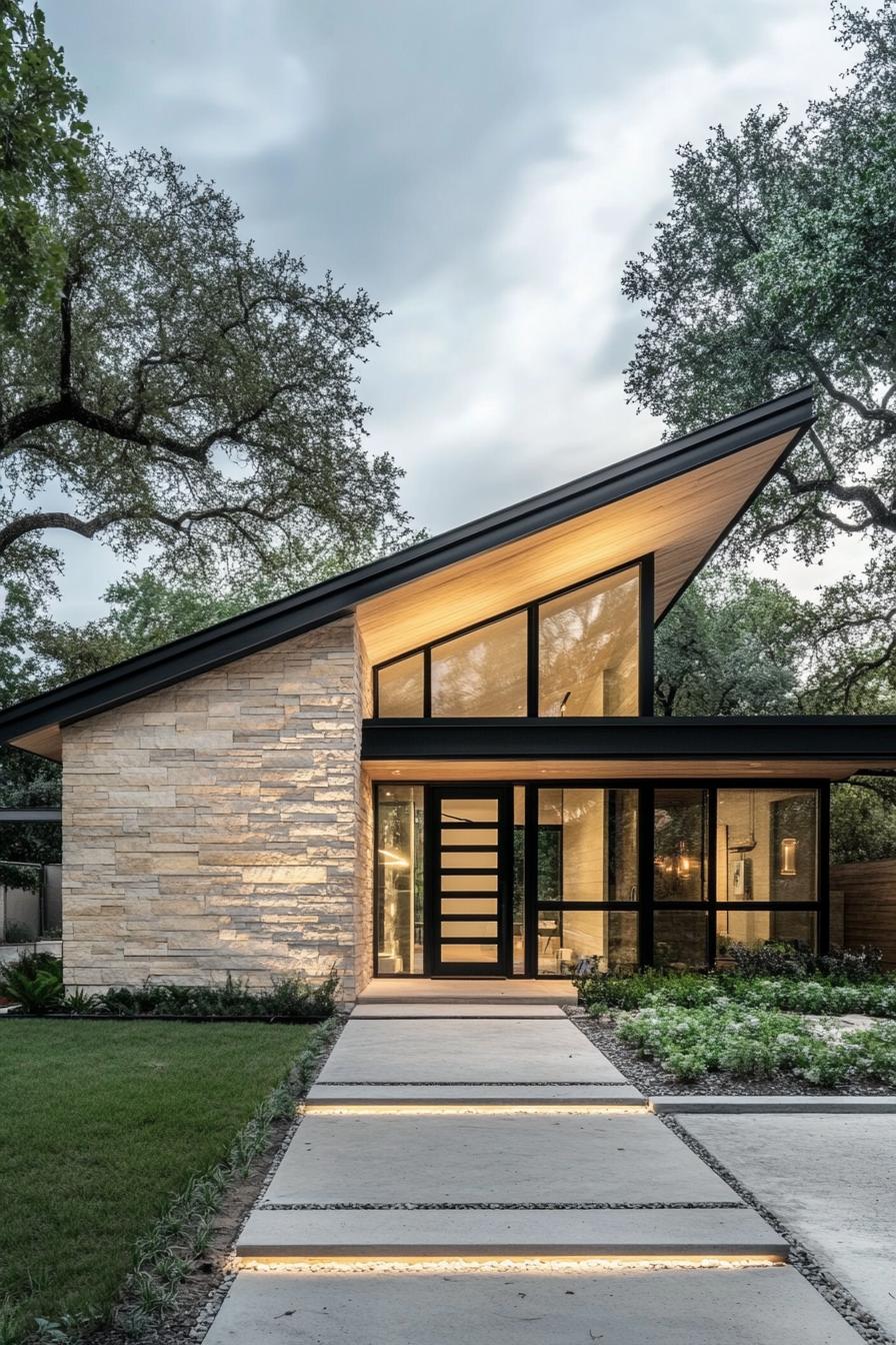 Modern bungalow with expansive glass and stone facade