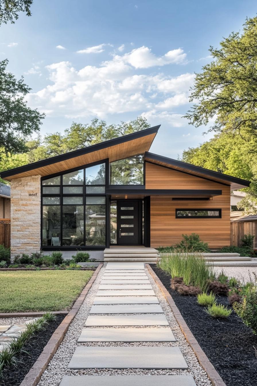 Modern bungalow with angled roof and wooden facade